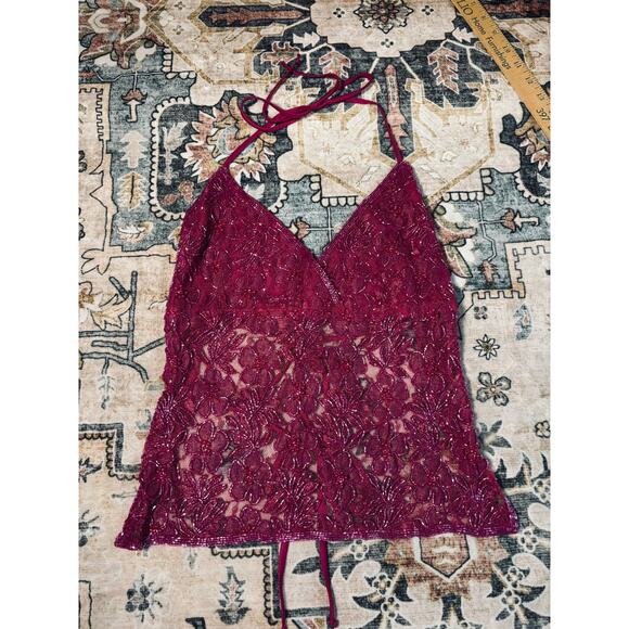 Vintage Hand Beaded y2k Open Back Tie Top Crop Pink Floral Halter Tank Medium - Picture 15 of 16